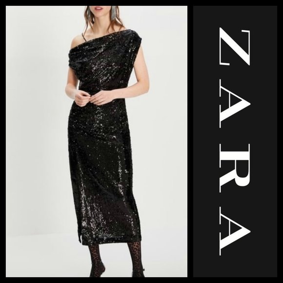 Zara Dresses & Skirts - Zara Draped Off The Shoulder Sequin Cocktail Dress